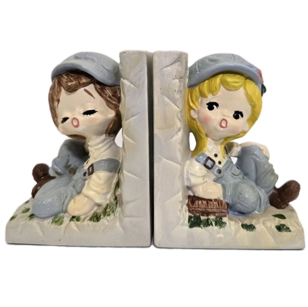 vintage 70s SEARS Roebuck Boy Girl Chalkware Ceramic Rustic kitsch‎ Bookends